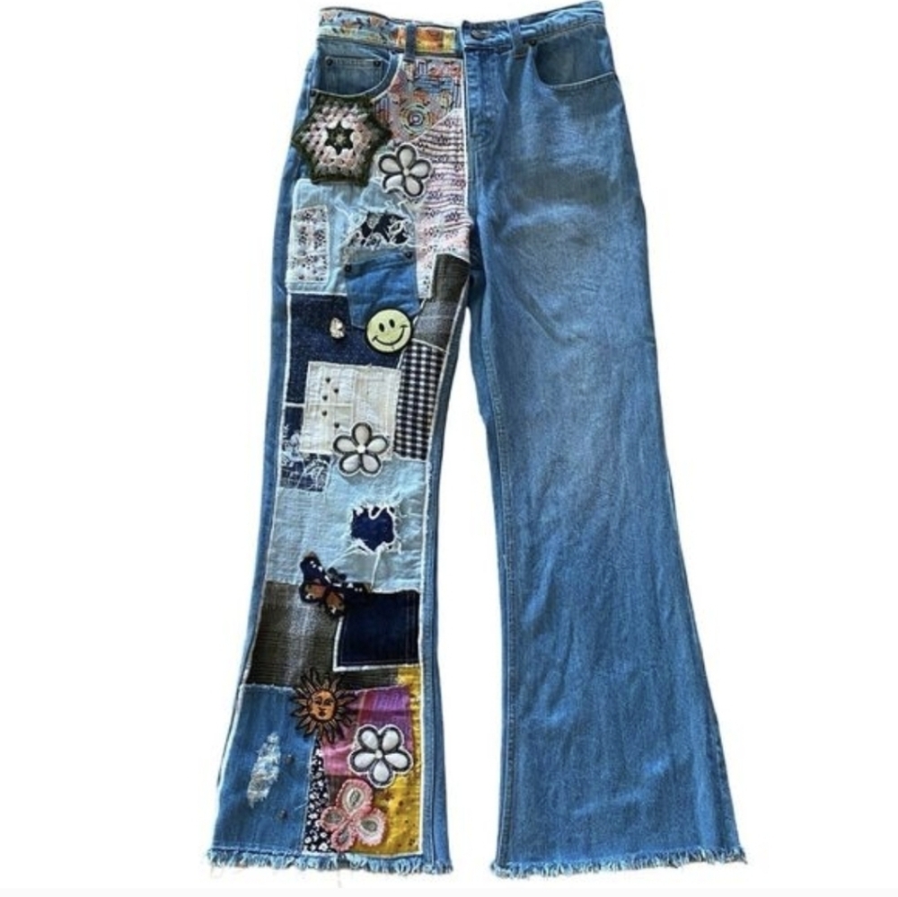 Urban Outfitters BDG Flare Jeans Eclectic Patchwork Craft Embroidered Size 24
